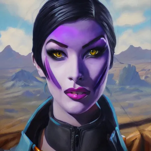 Image similar to oil painting of widowmaker from overwatch in the desert, black and purple jacket, beautiful face, detailed eyes, very detailed face, feminine face, full body