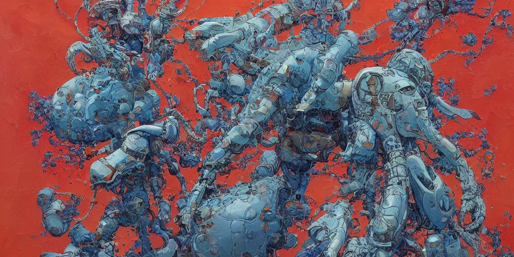 Image similar to gigantic oil painting art by james jean and katsuhiro otomo and moebius, inspired by akira, smooth texture, intricate oil painting, high detail illustration, sharp high detail, 1 9 9 9