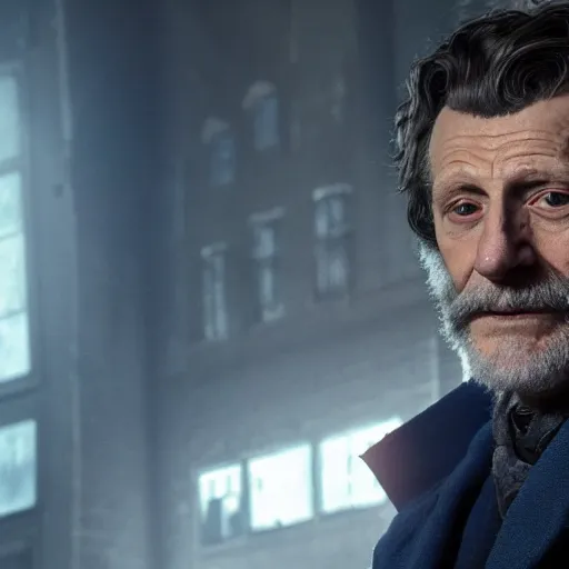 Image similar to tom holland as a rough dirty old man with a scruffy beard in a dark blue trenchcoat as the new doctor who, cinematic, volumetric lighting, f 8 aperture, cinematic eastman 5 3 8 4 film, photorealistic