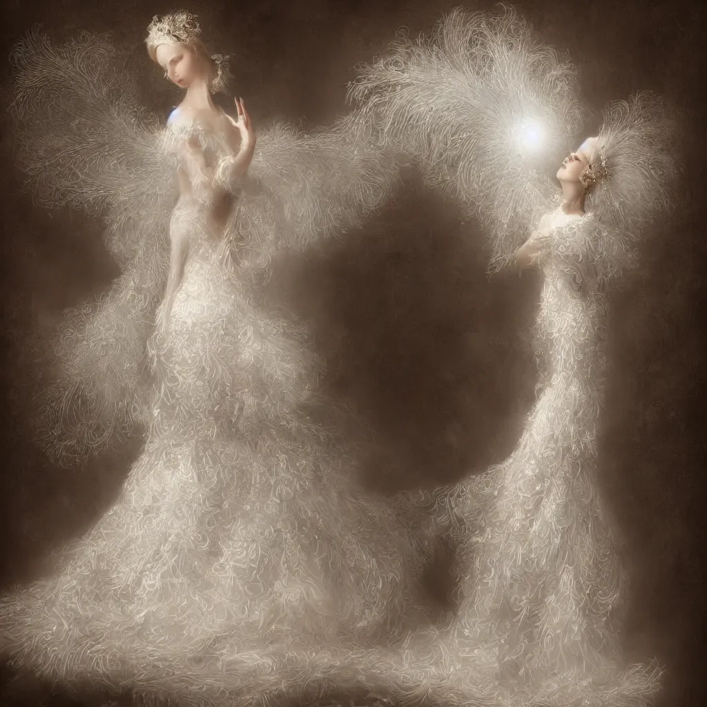 Image similar to a lady with a decorated dress made of white pearls and white plumes of swan highly detailed digital _ painting, cinematic, volumetric lighting, f 8 aperture, cinematic