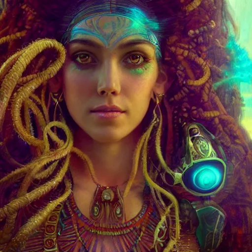 Image similar to octane render, artstation, 8 k, intricate detail, hyper detail, portrait by gaston bussiere, greg rutkowski, sandro botticelli, tan lady of elche egyptian sumerian techno mystic goddess princess intergalactica inanna with aqua neon rapunzel dreadlocks,