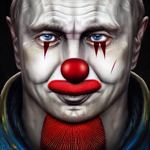 Prompt: a portrait of a putin with clown make up magician in glass armor releasing spell, full height, moving forward, cyberpunk concept art, trending on artstation, highly detailed, intricate, sharp focus, digital art, 8 k