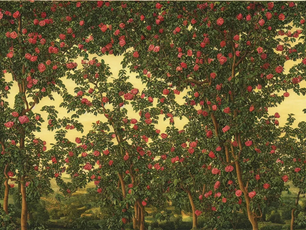 Prompt: a wide angle view of the trunks of rose trees, with sun rays filtered through the canopy. by evelyn de morgan.