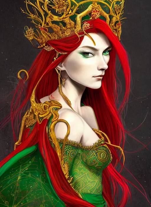 Prompt: a painting of a beautiful elven queen with long red hair, wearing green, red and gold ornate dress, golden intricate crown. detailed full body portrait, intricate complexity, concept art, in style of masamune shiro and ghost in the shell. cinematic dramatic atmosphere, sharp focus, rule of thirds, 4 k,