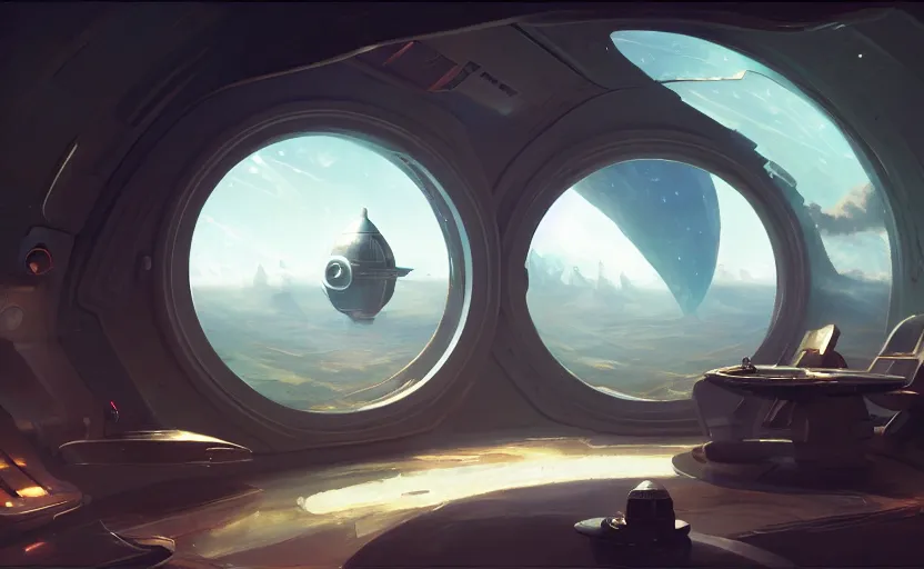 Prompt: spaceship interior with a round window with a view on a planet, fantasy, natural light, concept art, by greg rutkowski, cozy atmospheric and cinematic lighting, trending on artstation