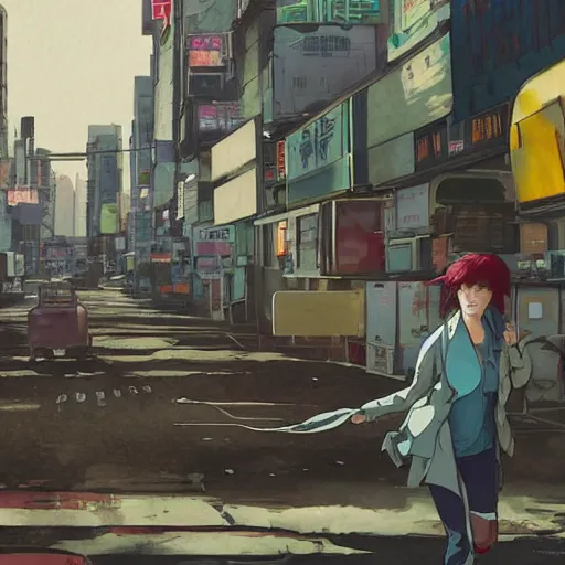 Image similar to incredible wide screenshot, ultrawide, simple watercolor, rough paper texture, ghost in the shell movie scene, backlit distant shot of girl in a parka running from a giant robot invasion side view, yellow parasol in deserted dusty shinjuku junk town, broken vending machines, bold graphic graffiti, old pawn shop, bright sun bleached ground, mud, fog, dust, windy, scary robot monster lurks in the background, ghost mask, teeth, animatronic, black smoke, pale beige sky, junk tv, texture, brown mud, dust, tangled overhead wires, telephone pole, dusty, dry, pencil marks, genius party, shinjuku, koji morimoto, katsuya terada, masamune shirow, tatsuyuki tanaka hd, 4k, remaster, dynamic camera angle, deep 3 point perspective, fish eye, dynamic scene