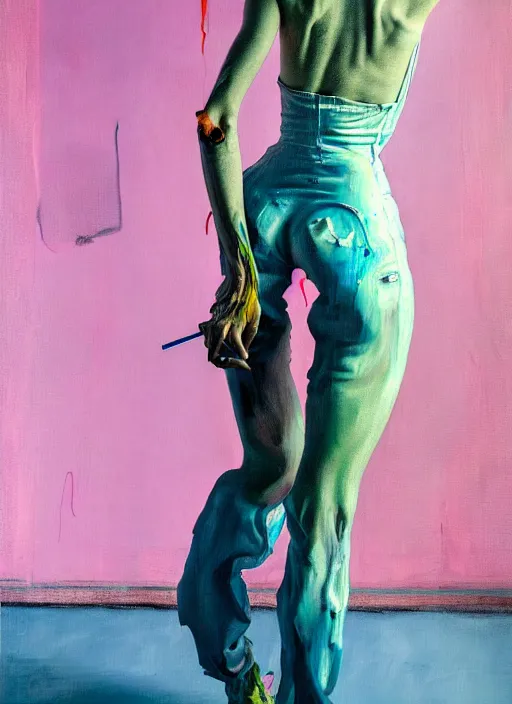 Image similar to an insane, skinny, artist wearing overalls, expressive painting the walls inside a grand messy studio, depth of field, hauntingly surreal, highly detailed painting by francis bacon, edward hopper, adrian ghenie, glenn brown, and james jean, soft light 4 k in pink, green and blue colour palette, cinematic composition,