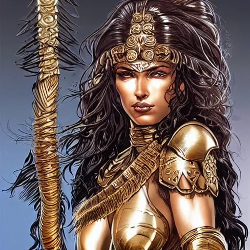 Image similar to greek amazon warrior, a tall beautiful woman with brown skin and long curly dark hair, dressed in hellenistic body armour, intricate, elegant, highly detailed, smooth, sharp focus, detailed face, high contrast, graphic novel, art by ardian syaf,