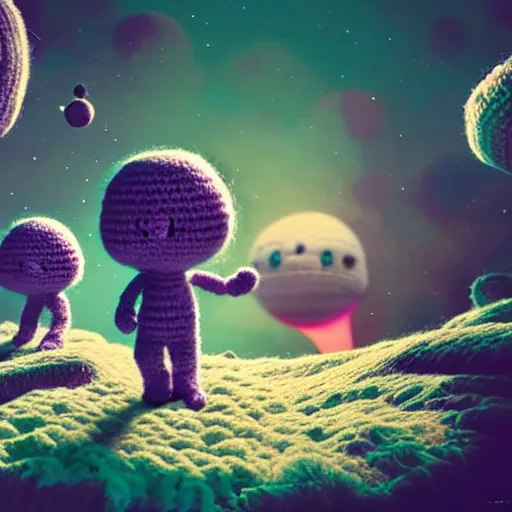 Prompt: an expedition of crochet astronauts discovering a new fluffy planet made out of yarn. cute, illustration, digital art, inspired by little big planet, by greg rutkowski, detailed, sharp, masterpiece, highly detailed, photorealistic, octane render, 8 k, unreal engine 5, trending on artstation