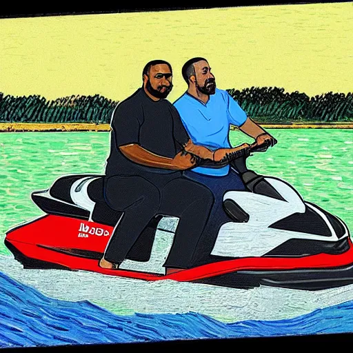 Image similar to Obama and DJ Khaled riding a jet ski, by Van Gogh