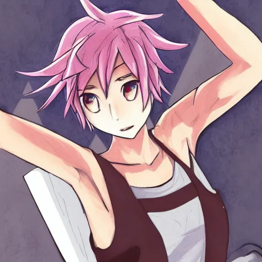 Image similar to anime woman with short pink hair in a bob style, light brown eyes, blue tank top, black pants, waving and smiling, anime art style like princess Mononoke