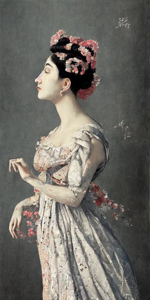 Image similar to “a painting of a female figure adorned with a dress created by calligraphic flourishes, ambient occlusion, ultra detailed, soft facial features, geometric array of shapes fading into the background, shallow depth of field, bokeh, subtle shadows, monochromatic color scheme, pops of color, pastel tones, hd”