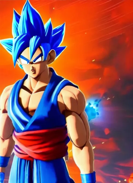 Image similar to game still of a sayan goku as a fortnite skin in fortnite by fortnite, pose.