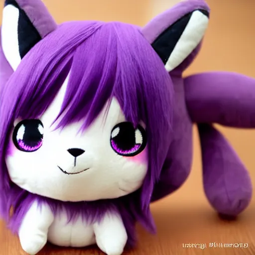 Image similar to cute fumo plush of a purple haired girl with fennec ears and purple eyes