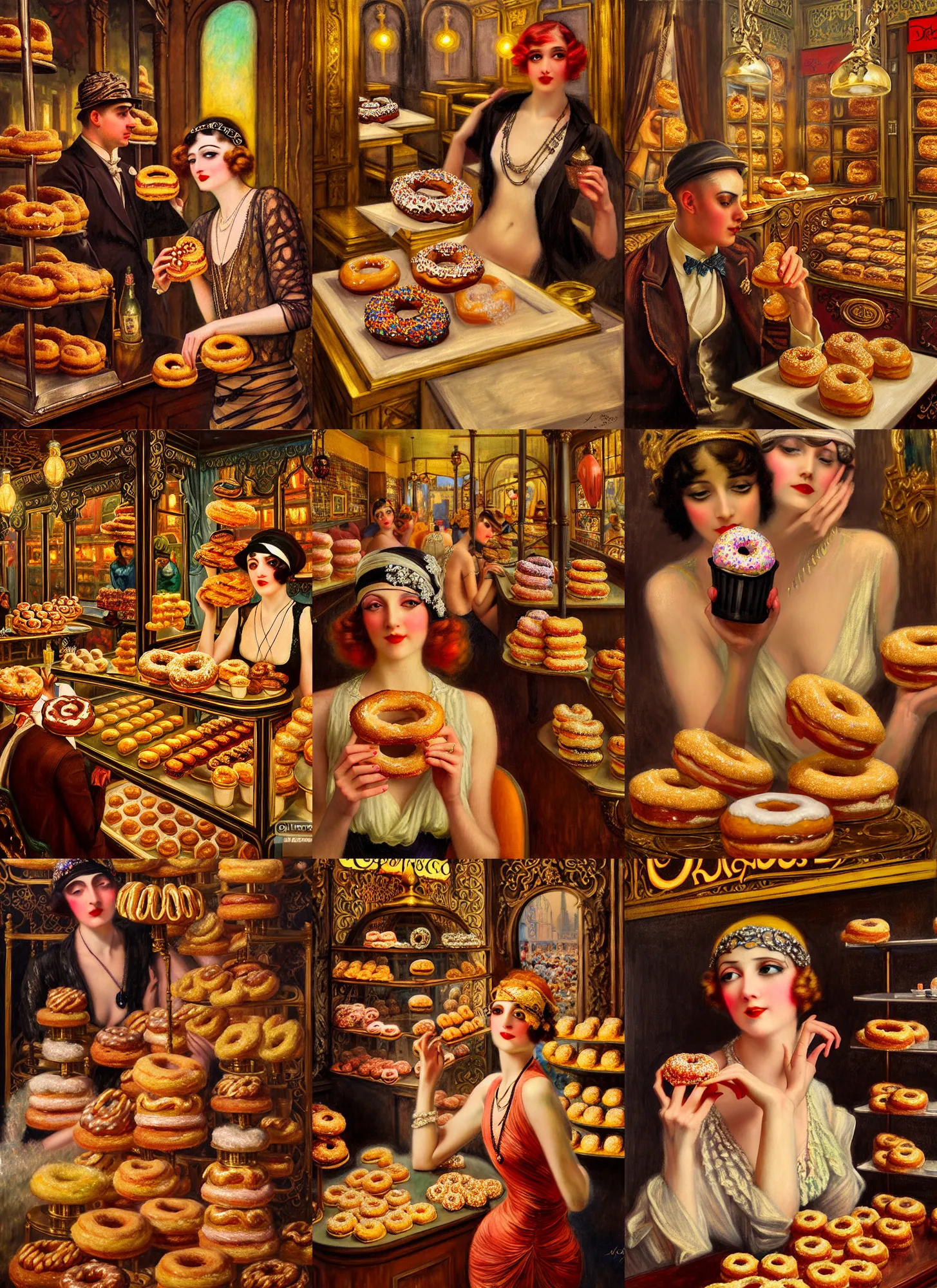 Prompt: 1920s Neo Rococo Expressionist, 1920s orientalism, diffuse lighting, fantasy, intricate, elegant, highly detailed, lifelike, photorealistic, digital painting, artstation, illustration, concept art, smooth, sharp focus, detailed The City of Lisbon in a doughnut shop, art by John Collier and Albert Aublet and Krenz Cushart and Artem Demura and Alphonse Mucha