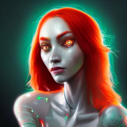 Prompt: a portrait of a beautiful cyborg girl, red hair, glowing green eyes, urban motifs, intricate, elegant, highly detailed, digital painting, trending on artstation, concept art, smooth sharp focus, illustration, raytracing, 8 k rendering, global illumination