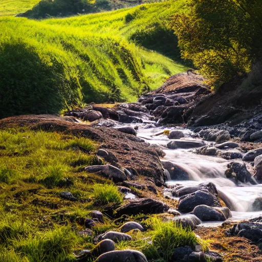 Image similar to landscape photography, warm sun, cozy stream, cows on the meadow, 4k