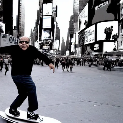 Image similar to photograph of danny devito skateboarding in times square, detailed face