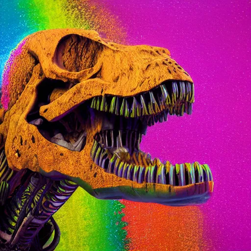 Image similar to t - rex skeleton drinking a giant ipa, intricate complexity, inverted rainbow drip paint, psychedelic glitch art, trending on art station, photoreal, 8 k, octane render