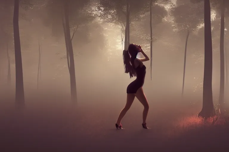 Image similar to wide angle shot of a girl dancing in a smoky forest, dramatic, cinematic, high contrast, octane render, cgsociety, artstation, 4k