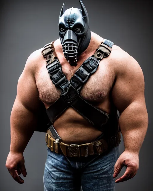 Prompt: Studio portrait of Bane from te Dark Knight as a big guy for you, fully clothed, highly detailed, bokeh, 90mm, f/1.4