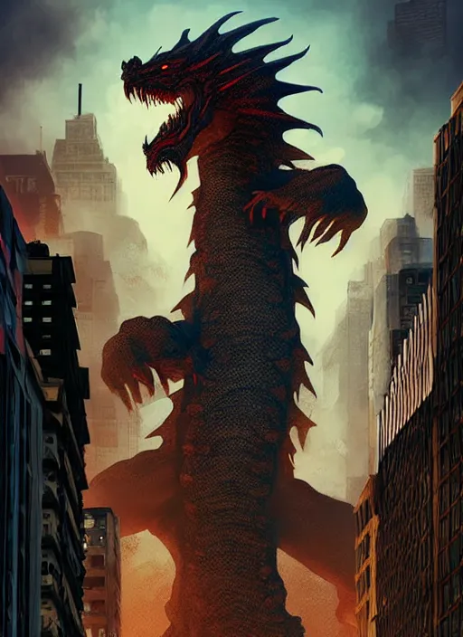 Image similar to artgerm, giant Kaiju dragon monster, god, tiny woman staring up at the Kaiju, expansive, unearthly, 8k, wide-shots, ginormous, horror, looming over city