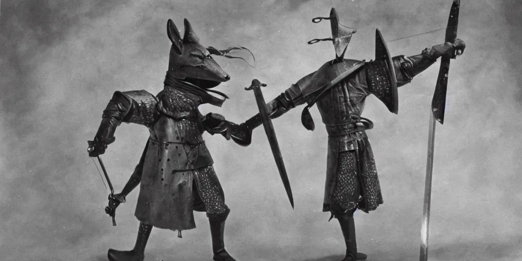 Prompt: anthropomorphic fox who is a medieval knight pointing a sword towards a stormy thundercloud 1 9 3 0 s film still, ladislas starevich puppet