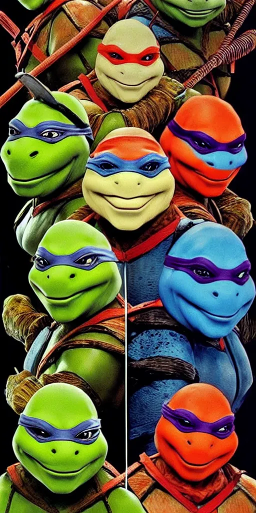 Prompt: ninja turtles 1990 movie very deep texture , animatronic masks by rembrandt