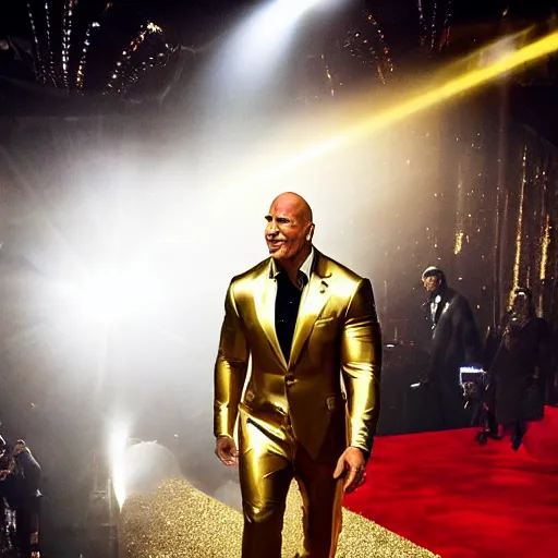 Image similar to dwayne the rock johnson wearing a expensive suit made entirly of gold walking down the run way, 3 5 mm, paparazzi photo, dazzling lights, dramatic lighting, photorealistic, cinematic scene, super detailed, hyper realistic, bright lights