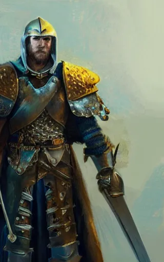 Image similar to highly detailed concept art of a rugged young knight with blonde hair and blue eyes and a short beard wearing a blue shirt over chain mail and steel pauldrons and a yellow cape and leather boots, concept art by Greg Rutkowski, realistic, masterpiece, ArtStation