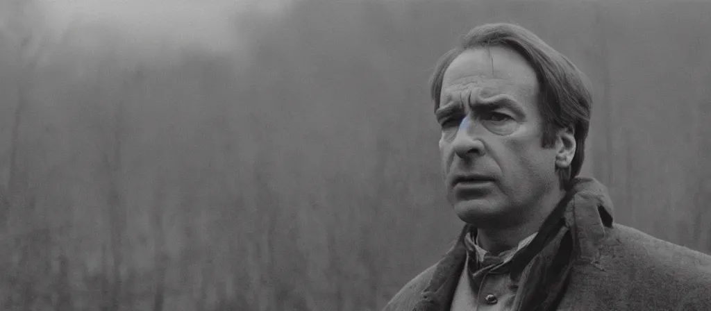 Prompt: A Still of Saul Goodman in an Andrei Tarkovsky film, black and white, gloomy