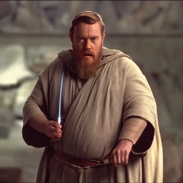 Image similar to obi wan kenobi but obese!!, photoralistic rendering, movie still, screenshot, hyperdetailed