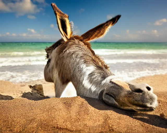 Image similar to realistic photo of a donkey sunbathing at the beach, 8k resolution