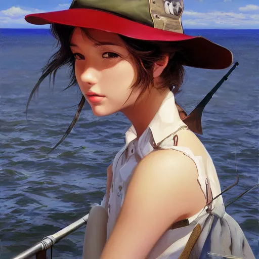 Prompt: oil painting by ilya kuvshinov,, baugh casey, artgerm craig mullins, coby whitmore, of a youthful anime girl, long hair, fishing and wearing fisherman's outfit, fisherman's hat, highly detailed, breathtaking face, studio photography, noon, intense bounced light, water reflection, large tree casting shadow, serine intense sunlight