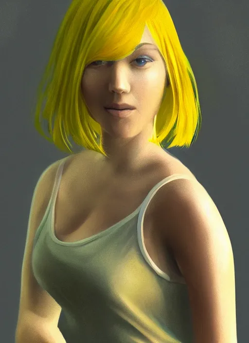 Prompt: portrait, young lady, short yellow hair, computer painting, volumetric lighting, detailed, computer painting