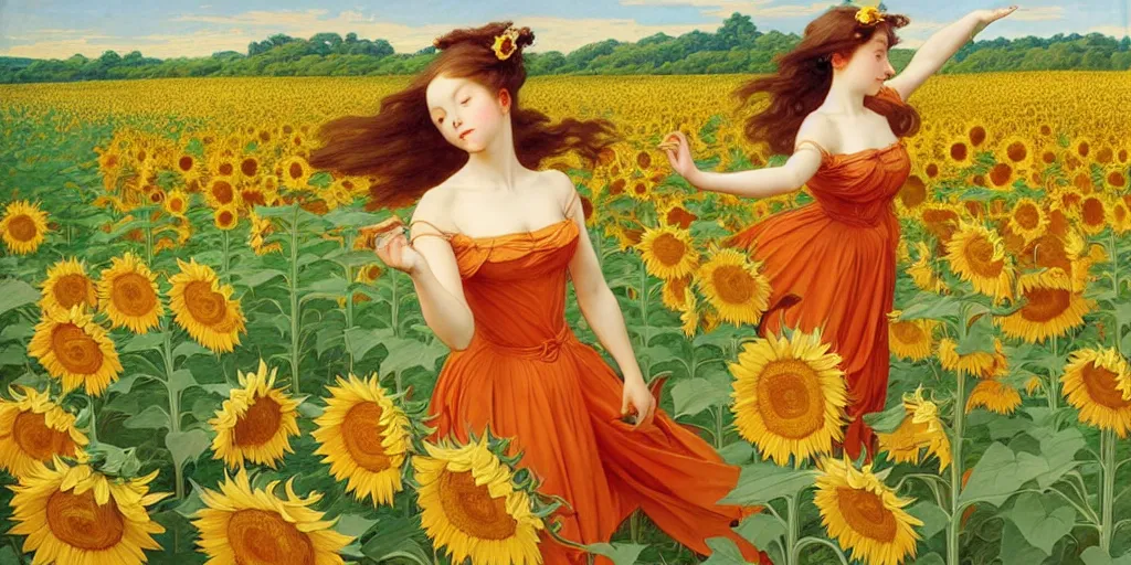 Image similar to beautiful young girl dancing in a fiery dress in a beautiful field of sunflowers and lilies, like leonardo da vinci sketches! in the style of studio ghibli, j. c. leyendecker, greg rutkowski, artgerm