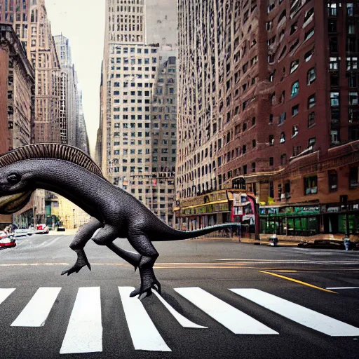 Image similar to realistic photograph of a parasaurolophus in the middle of a busy street new york, depth of field, macro photography