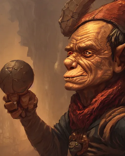 Image similar to A goblin merchant selling treasuries, highly detailed face, close-up, fantasy art, goblin art, in the style of greg rutkowski, illustration, epic, fantasy, intricate, hyper detailed, artstation, concept art, smooth, sharp focus, ray tracing