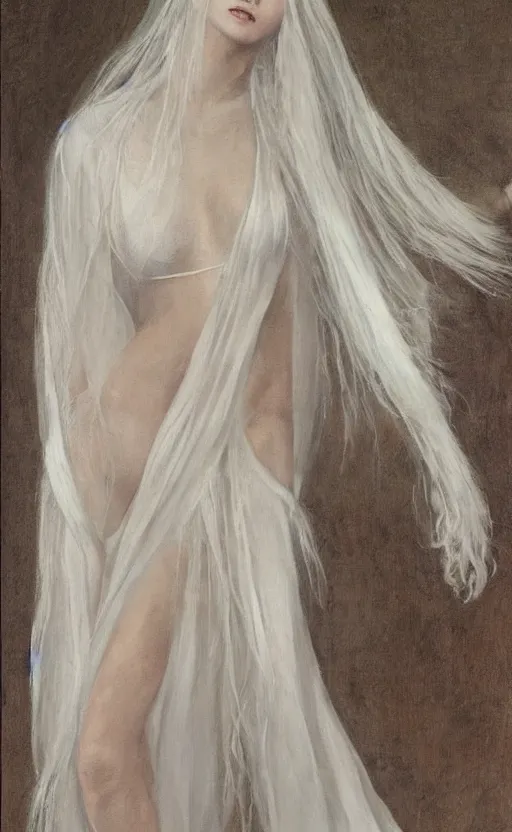Image similar to single thin angel with silver hair so pale and wan!, thin!, flowing robes, covered in robes, lone pale wan feminine goddess, wearing silver robes, flowing hair, pale skin, young cute face, covered!!, clothed!! oil on canvas, style of lucien levy - dhurmer and jean deville, 4 k resolution, aesthetic!, mystery