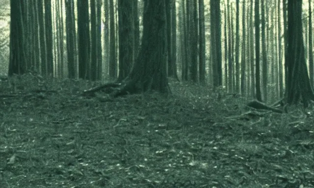 Image similar to creature far away looking at camera in forest at night, colorized 70s photo, out of focus, motion blur, cctv footage, horror movie, horror lighting, blair witch project, old photo