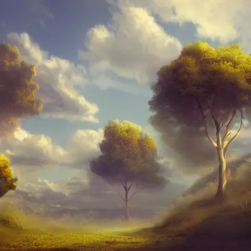 Image similar to peaceful puffy clouds, matte painting, concept art, 4k