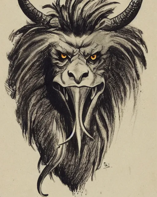 Prompt: a creature with the body and eyes of a man, beak of an eagle, the mane of a lion, two horns of an ox on the head. drawn by frank frazetta