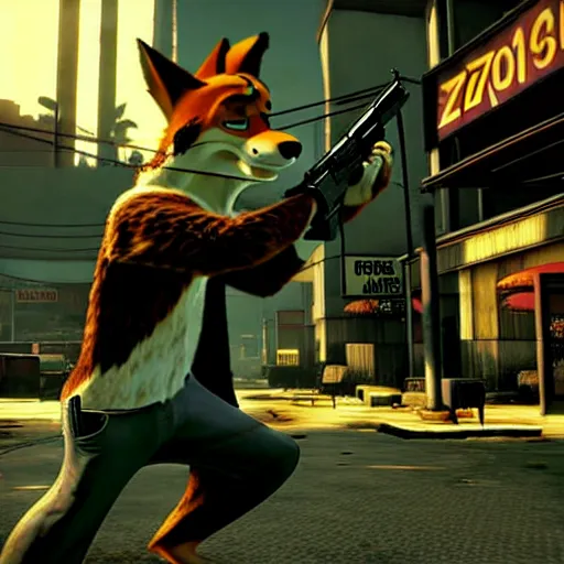 Image similar to max payne 3 set in zootopia