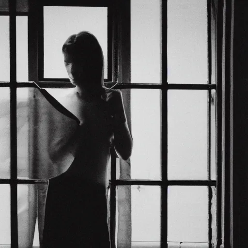 Image similar to black and white fashion photograph highly detailed portrait of a depressed beautiful 30 years old model woman standing by the window, natural light, rain, mist, lomo, fashion photography, film grain, soft vignette, sigma 85mm f/1.4 1/10 sec shutter