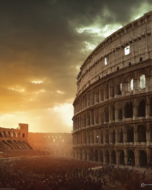 Image similar to Movie poster of a Roman gladiator, out of focus colosseum in background with spectators, in the style of Greg Rutkowski and Ace Powell and Jean Giraud, extremely moody lighting, glowing light and shadow, atmospheric, shadowy, cinematic