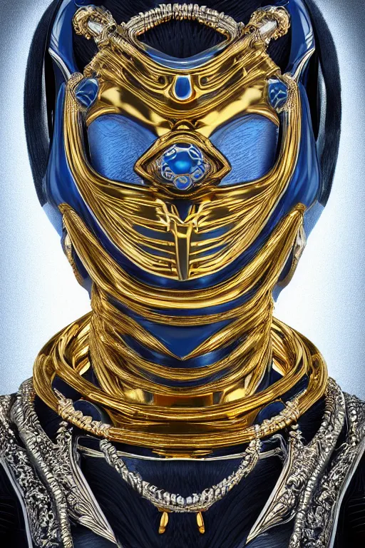 Image similar to symmetric hyper realistic elegant alien portrait, blue metallic skin, jewelry intricate details, unreal engine5, octane, with a gold filigree mask