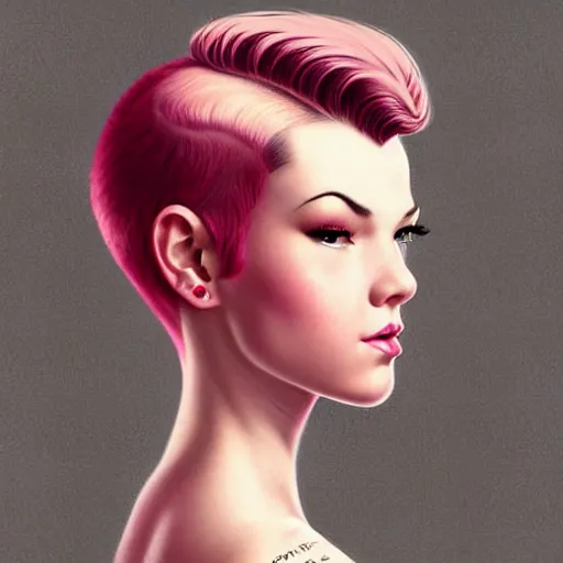 Image similar to head and shoulders portrait of VI of League of Legends, pink short hair, sidecut hairstyle, steampunk acessoires, illustration, medium shot, intricate, elegant, highly detailed, digital art, sharp lines, ffffound, art by gil elvgren and sachin teng