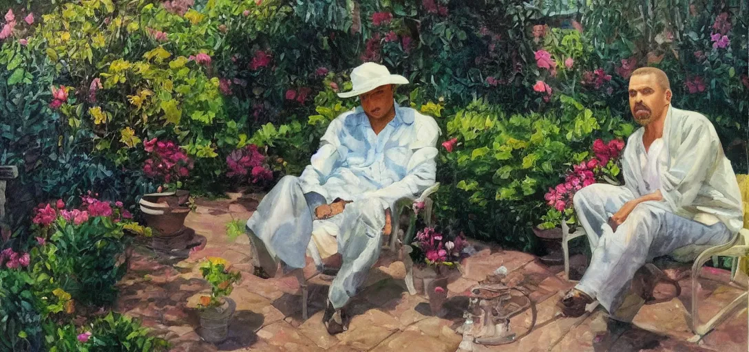 Image similar to kayne sipping tea, garden in the background, aged oil painting by le pho