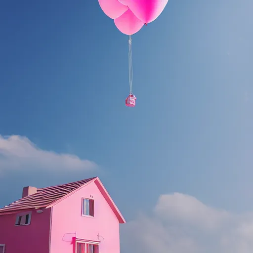 Image similar to a 5 0 mm lens photograph of a cute pink floating modern house, floating in the air between clouds, inspired by the movie up, held up from above by a heart - shaped ballon. mist, playful composition canon, nikon, award winning, photo of the year