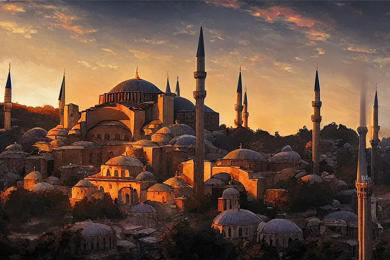 Image similar to historicaly accurate medieval istanbul and hagia sophia scenery landscape, lord of the rings,, rule of thirds, sunset, highly detailed, perfect lighting, perfect composition, 4 k, artgerm, derek zabrocki, greg rutkowski